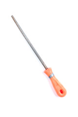 Used metal file with orange handle isolated on a white background. Construction equipment