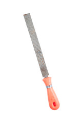 Used metal file with orange handle isolated on a white background. Construction equipment