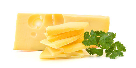 piece of cheese isolated and Cilantro on a white background