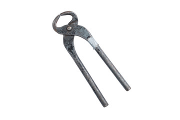 Used and old metal cutting pliers isolated on white background. Clipping path, saved path
