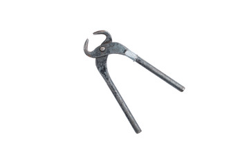 Used and old metal cutting pliers isolated on white background. Clipping path, saved path