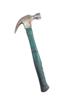 Used metal, claw hammer with green handle isolated on white background. Construction equipment