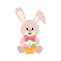 cartoon easter bunny sitting with easter basket and eggs