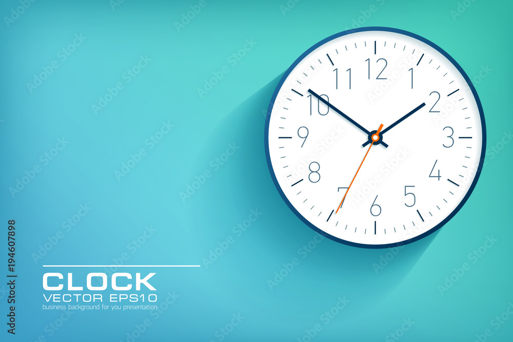 Poster realistic simple clock in flat style with numbers, watch on green and blue background. business illu