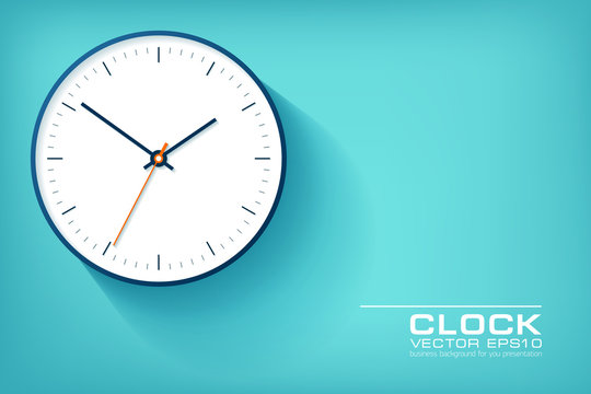 Realistic simple Clock in flat style. Watch on blue background. Business illustration for you presentation. Vector design object.