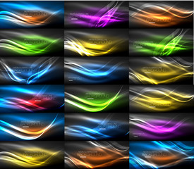 Mega collection of neon abstract shape backgrounds, magic fantastic glowing templates for web or techno digital presetation idea