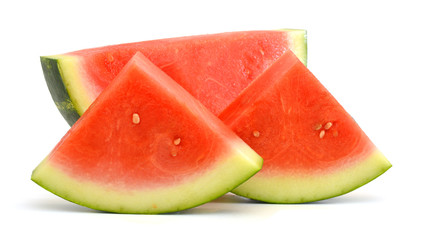 closeup of some pieces of refreshing watermelon on a white background