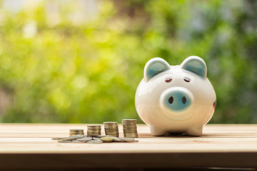 The concept of saving money for the future is stable with pink piggy banks and coins placed on a...