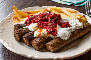 Balkan Cevapcici Kofta / Kofte Kebab with Yogurt, Tomato Sauce and Potatoes
