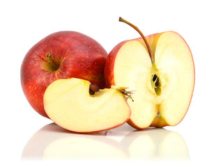 Red apple with half isolated on white background