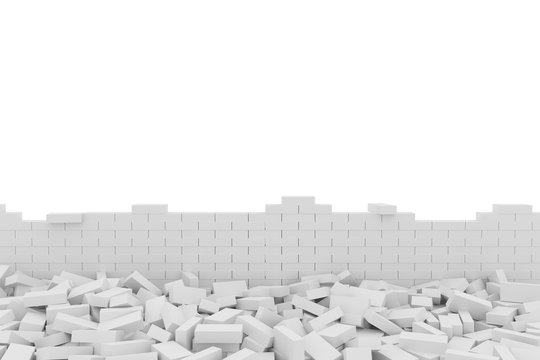 3D rendering Destruction of a white brick wall on white background