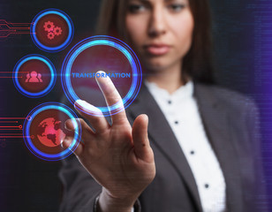 The concept of business, technology, the Internet and the network. A young entrepreneur working on a virtual screen of the future and sees the inscription: Transformation