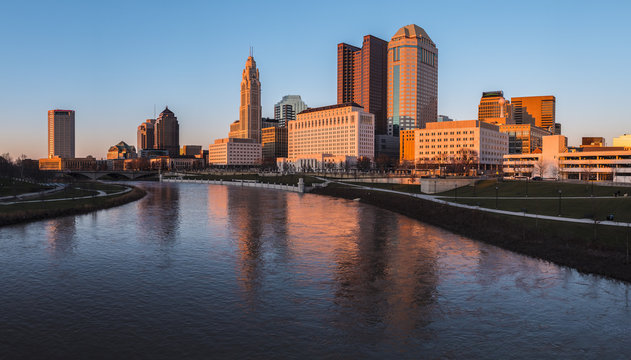 Columbus Ohio Skyline At John W. Galbreath Bicentennial Park At Orange Dusk