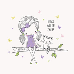 Girl with a cat on a tree. Vector illustration for kids