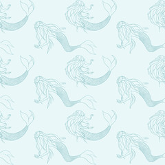 Vector little mermaids contours seamless pattern. Fantasy sirens on the blue background.