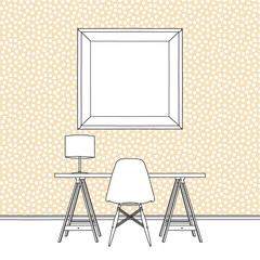 Sketch drawing of desk with chair and lamp over square blank frame on dotted wallpaper