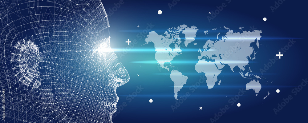 Poster artificial intelligence 3d white cyborg mesh face with world map vector illustration on blue backgro