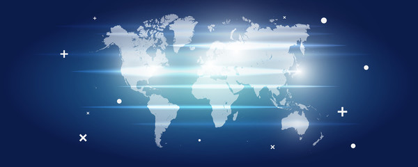 White Futuristic Detailed World Map with Glow Lines Vector Illustrationon on Blue Background - Business Presentation Template