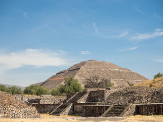 Fototapeta na wymiar Teotihuacan, Mexico City, Mexico, South America - January 2018 [The Great Pyramid of Sun and Moon, views on ancient city ruins of Teotihuacan pyramids valley, The Road of Dead]