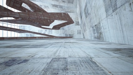 Empty smooth abstract room interior of sheets rusted metal with gray concrete. Architectural background. 3D illustration and rendering