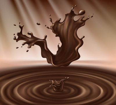 Vector illustration of hot chocolate splash, liquid cacao or coffee with drops, blobs, blots. Great for advertising poster, promo banner. Appetizing dessert, tasty product. Realistic background.