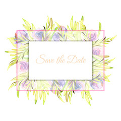Watercolor purple roses and green leaves frame, hand painted on a white background, Save the Date card design