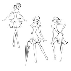 silhouette 30. silhouettes of three slender girls in summer dresses in black lines on a white background