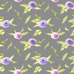 Watercolor pink and purple roses, green branches seamless pattern, hand drawn on a grey background