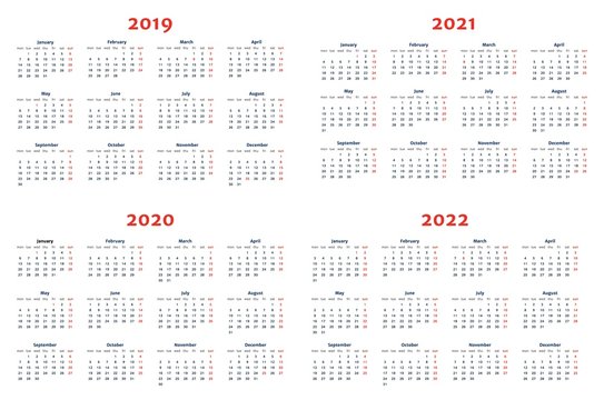 Calendar for 2019-2022 Years on Transparent Background. Week Starts at Monday. Simple Vector Template. Stationery Design