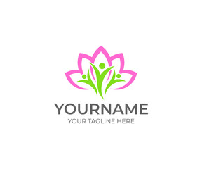 Lotus flower and happy people logo template. Beauty spa salon vector design. Nature and humans illustration