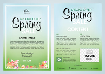 Vector flyer, corporate business, annual report, brochure design and cover for spring sale with flowers.