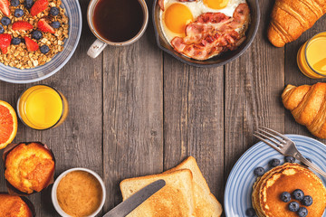 Delicious breakfast on a rustic table.