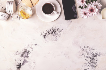 Breakfast - coffee, tephon, headphones.