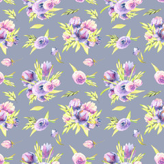 Watercolor purple peonies and roses bouquets seamless pattern, hand painted on a grey blue background