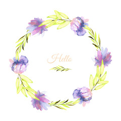 Watercolor purple asters wreath, greeting card template, hand painted on a white background