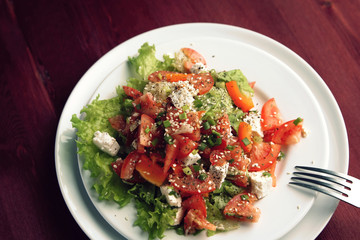 Tomato salad on the white plate. European cuisine. Close up. Colorful salad with vegetables and cottage cheese. Lacto vegetarian dish. Tomatoes, celery, leafy greens and sesame seeds.