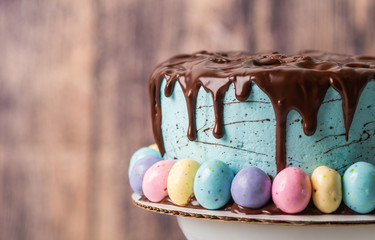 Blue chocolate drip easter cake