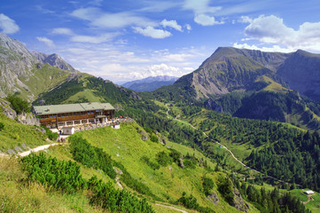 mountain chalet of Jennerbahn at Jenner peak in Germany Alps, mountain landscape
