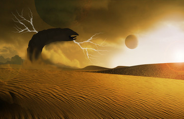 giant worm rising from sand on desert planet