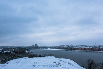 View from above of Stockholm on a cloudy and snowy day