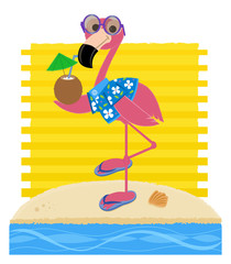 Flamingo At The Beach - Flamingo wearing sunglasses, Hawaiian shirt and flip flops is holding a coconut drink and standing on a sandy beach. Eps10