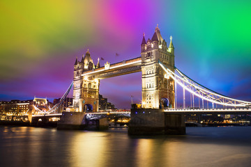 Tower Bridge in London city. night scene with abstract colorful sky