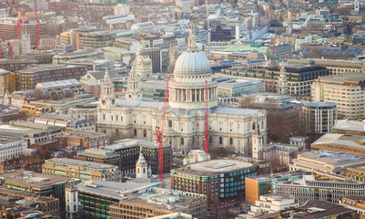 Saint Paul cathedral in London city. Aerial view