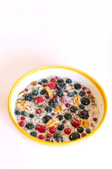 Close-up picture of bowl with cereal porridge and fruits.