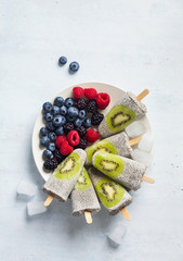 Kiwi Coconut Chia Popsicles and fresh ripe forest berries on the morning table. healthy sweets