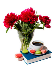 Red peonies, book  and cup of coffee isolated on white background