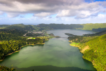 Panoramic view of crater lakes Lagoa Azul and Lagoa Verde at volcanic massif of Sete Cidades, Sao Miguel Island, Azores, Portugal