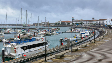 Yachts moored in Ponta Delgada marina, Sao Miguel Island, Azores, Portugal