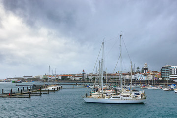 Yachts moored in Ponta Delgada marina, Sao Miguel Island, Azores, Portugal