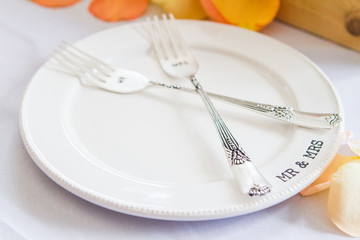 Mr and Mrs Silver Wedding Forks on White Plate